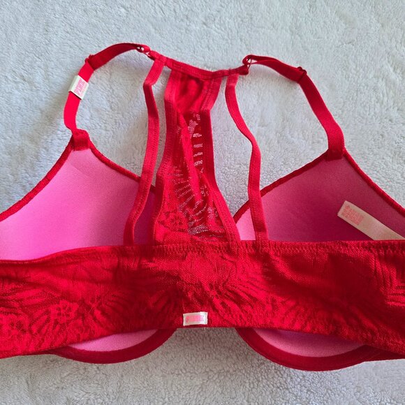 NWT VS PINK lightly lined Lace front closure racerback bra 34D Red - Picture 2 of 4